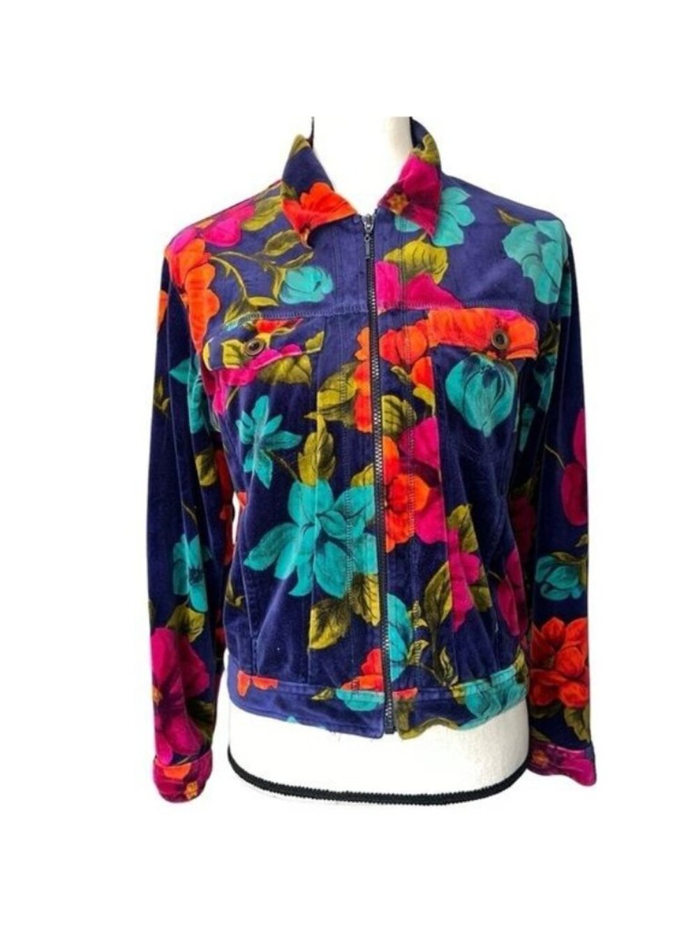 Vintage 90s Carole Little Floral Jacket Small Purple Multicolor Zip Up Cropped